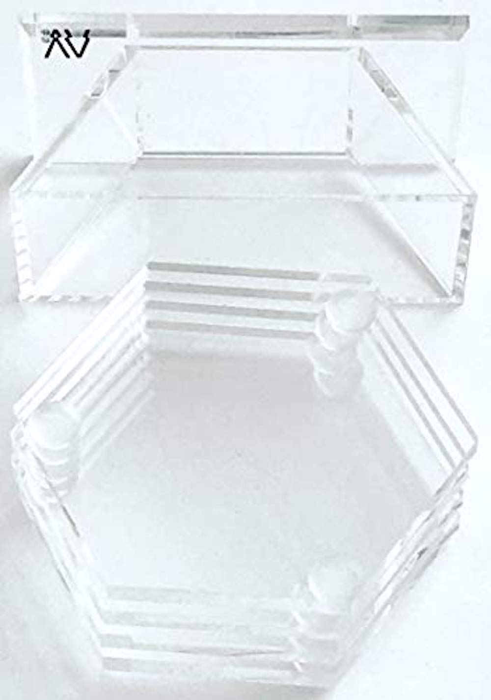 HEXAGON LUCITE COASTER SET OF 4 & STAND - AV DESIGN by ANDREA VALENTINI