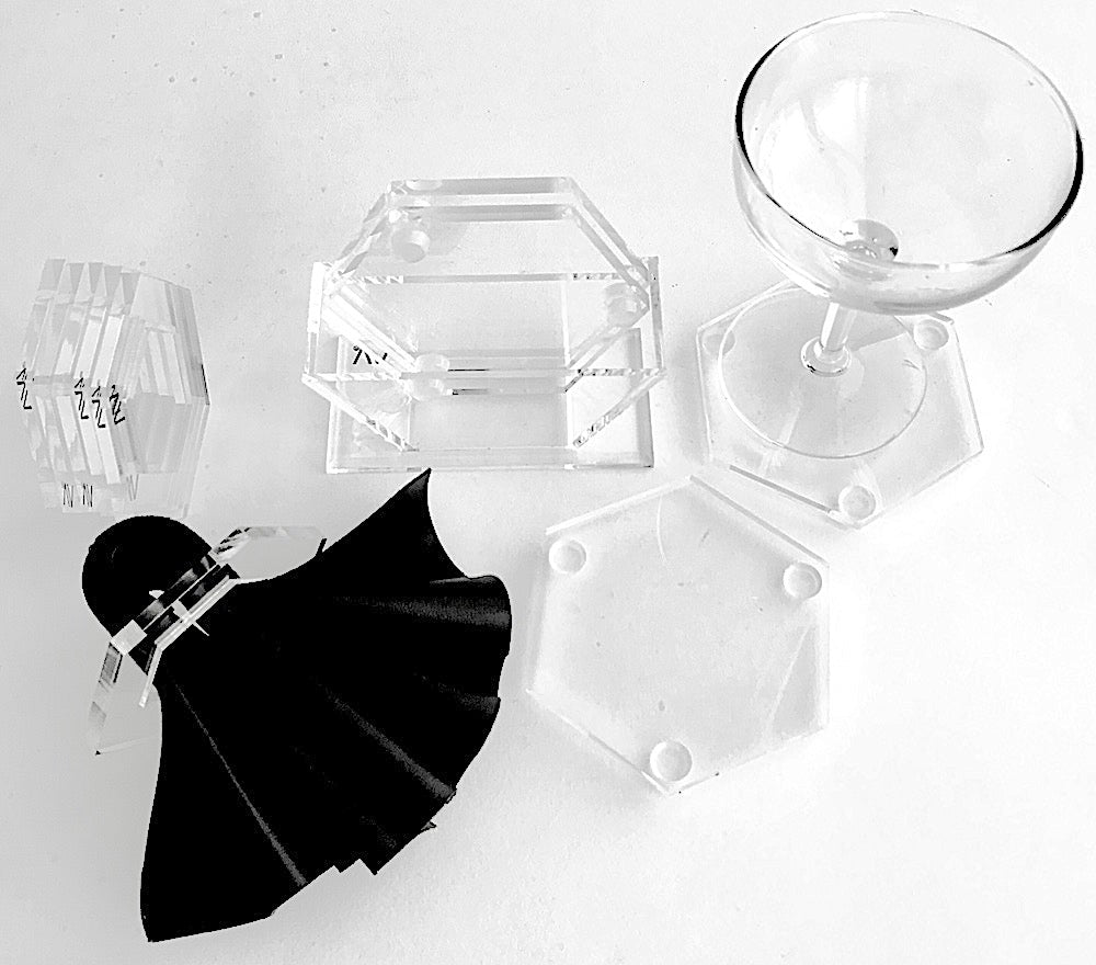 HEXAGON LUCITE COASTER SET OF 4 & STAND - AV DESIGN by ANDREA VALENTINI